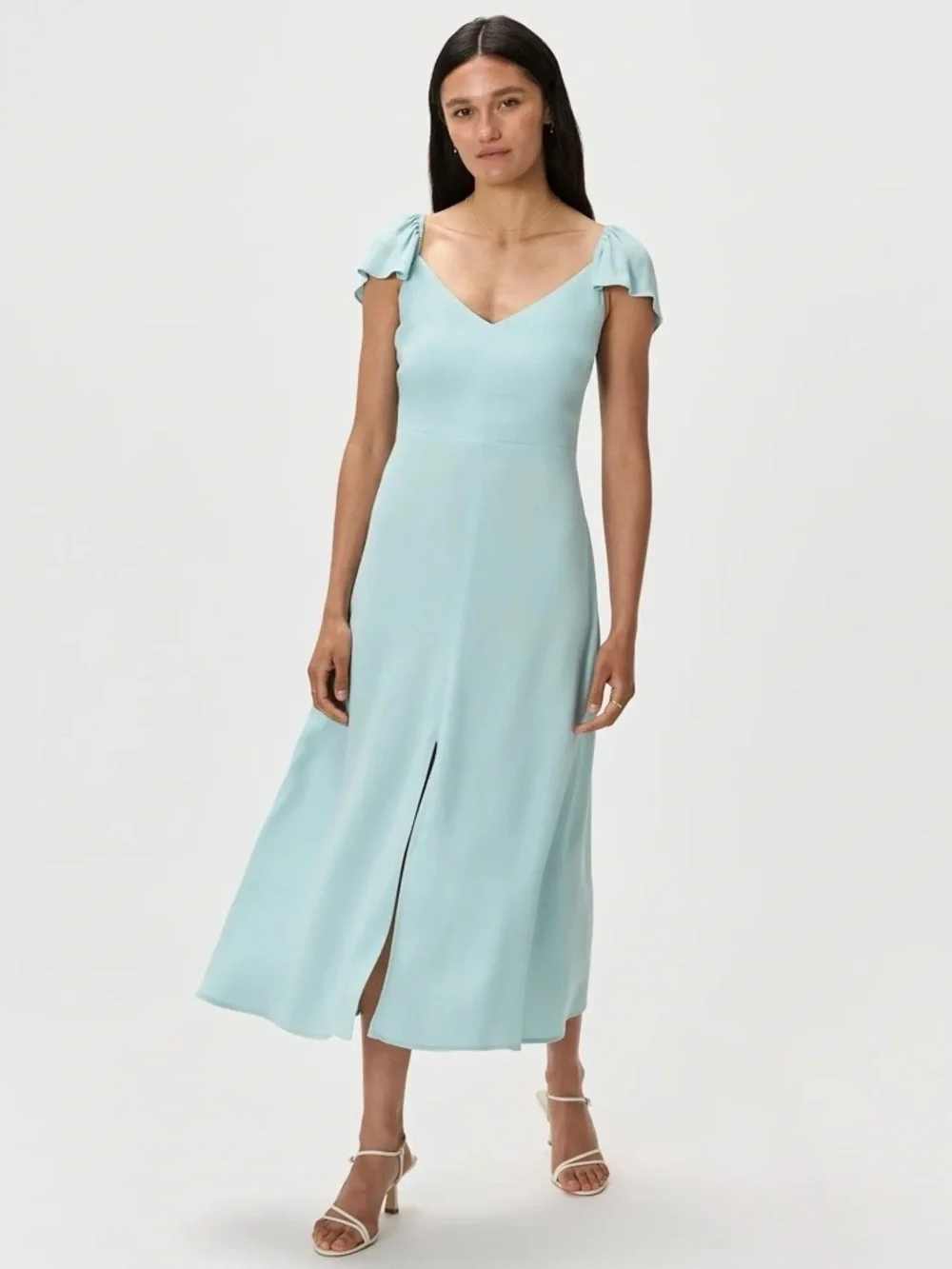 Quince Lightweight Crepe Flutter Sleeve Midi Dress in the shade Aqua Pearl M